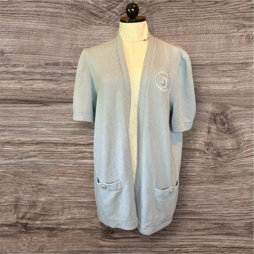St John Collection VTG Short Sleeves Baby Blue Open Cardigan Marie‎ Pockets Sz L